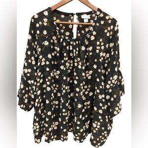 Ava & Viv Black, Gold and White Floral Bell Sleeve Semi-Sheer Blouse Size 4X